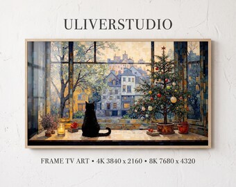 Christmas Frame TV Art, Black Cat Window Painting, Vintage Winter Cityscape