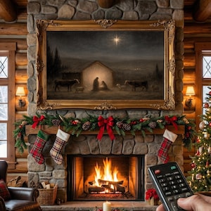 Weihnachtskrippe als TV-Dekoration | Vintage-Ölgemälde der Heiligen Familie | Religiöse Dekoration in neutralen Erdtönen | Stern von Bethlehem | (Passend für Samsung-Rahmen)