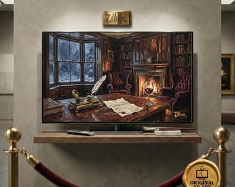 Dark Academia Library | Moody Winter Writer Nook Oil Painting | Romantic Vintage Study | Antique Interior Decor | (Fits Samsung Frame)