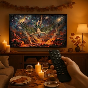 Può includere: Un salotto con una grande TV che mostra un dipinto surreale di una figura alata che cade in un paesaggio infuocato. La stanza è decorata con candele, foglie d'autunno e una lampada. Una mano tiene un telecomando.