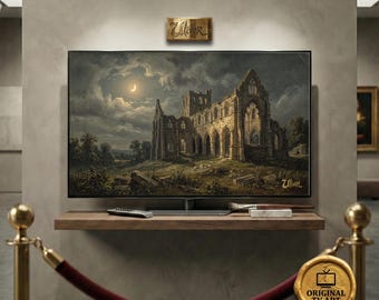 Antique Gothic Abbey Landscape TV Art - Moody Moonlight Oil Painting, 8K Abandoned Ruins Print, Vintage Heritage Wall Decor