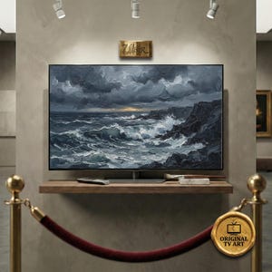 Moody Stormy Ocean TV Art | Crashing Waves Rocks Oil Painting | Dark Seascape Impasto | Dramatic Horizon Light 8K | (Fits Samsung Frame)