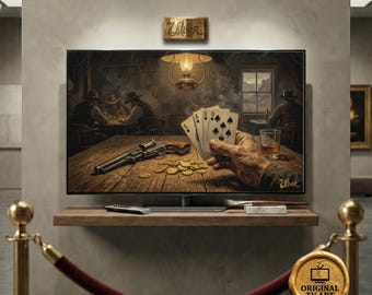 Frontier Outlaw Poker Table oil painting for Samsung Frame TV featuring a Dead Mans Hand heritage aesthetic in 8K Quality