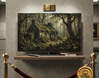 Vintage Irish Cottage TV Art, Enchanted Forest Oil Painting for Samsung Frame, 8K Digital Folklore Wallpaper, The Hidden Cottage