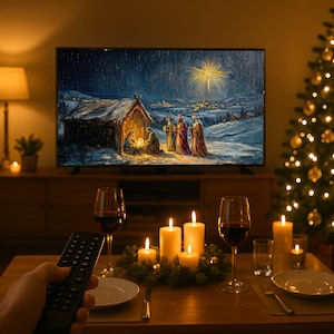 Puede incluir: Una escena navideña acogedora con un árbol de Navidad iluminado, velas y un televisor que muestra una pintura del nacimiento de Jesús. Una mano sostiene un mando a distancia, sugiriendo una noche festiva en casa.