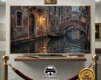Romantic Venetian Canal at Twilight for Samsung Frame TV - Moody Italy Oil Painting