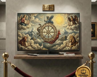 Wheel of Fortune Tarot Alchemy Art - Compatible with Samsung Frame TV - 8K Floating Stone Oil Painting, Digital Impasto Texture Arcana Decor