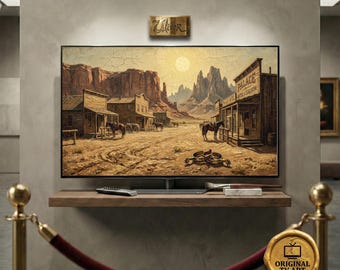 Frontier Town Main Street Antique Oil Painting for Samsung Frame TV Art featuring Sun-Drenched Western Heritage and Dusty Wood Impasto 8K