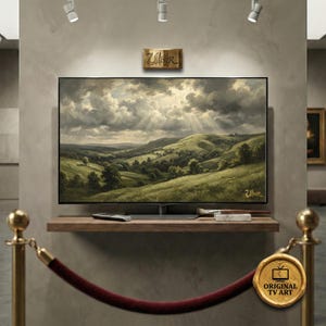 Wolkenlandschaft als Wandbild | Kohlezeichnungen von Wolken und grünen Hügeln | Vintage-Ölgemälde | Digitaler Download | (Passend für Samsung-Rahmen)