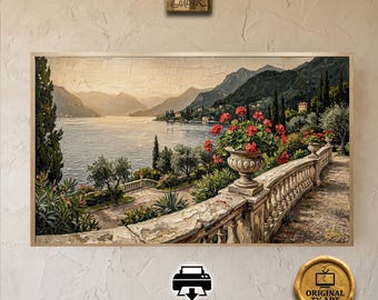 Vintage Lake Como Gardens for Samsung Frame TV - Elegant Bellagio Oil Painting