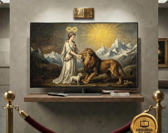 Strength Tarot Serene Power Art - Compatible with Samsung Frame TV - 8K Lion and Roses Oil Painting, Digital Impasto Texture Arcana Decor