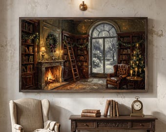 Christmas Library Frame TV Art, Victorian Holiday Study Painting, Cozy Winter Bookish Decor