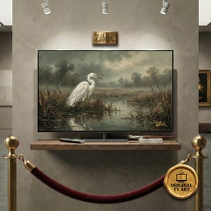 Vintage Egret TV Art | Coastal Bird Oil Painting | Marsh Landscape Decor | (Fits Samsung Frame)