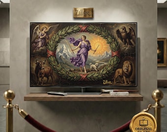The World Tarot Arcanum XXI oil painting compatible with Samsung Frame TV art with a celestial violet and laurel antique aesthetic in 8K
