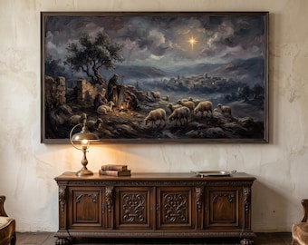 Shepherds Frame TV Art, Star of Bethlehem Christmas Painting, Biblical Night Landscape