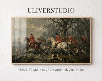 Vintage Fox Hunt Frame TV Art: Moody Equestrian Oil Painting, Antique Horse Decor