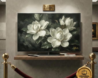Vintage Magnolia Art | Antique White Flower Oil Painting | Neutral Farmhouse Decor | (Fits Samsung Frame)