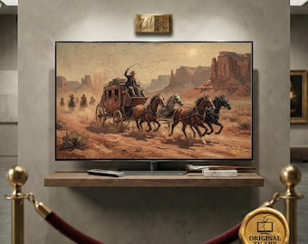 Stagecoach Chase Wells Fargo oil painting for Samsung Frame TV Art featuring a Red Dust Frontier aesthetic in 8K Quality