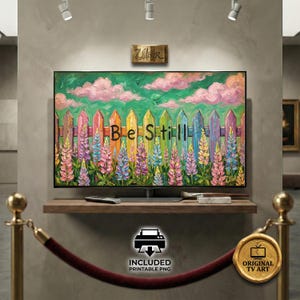 Be Still Psalm 46:10 Scripture Flower Garden oil painting for Samsung Frame TV art featuring a Whimsical Emerald Sky and Printable PNG