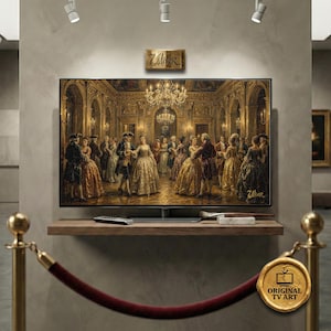 May include: A large flat-screen TV displays a classical painting of a ballroom scene with people dancing. The TV is mounted on a wooden shelf with a remote and a paintbrush. The text "Original TV Art" is on a gold emblem.