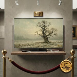 Vintage Oak Tree | Moody Winter Landscape Oil Painting | Neutral Nature Print | Antique Solitary Tree | 8K 4k Res | (Fits Samsung Frame)