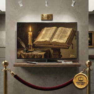 Antique Open Bible & Candle TV Art - 8K Sacred Still Life Oil Painting for Samsung Frame - Dark Scriptorium, Digital Impasto Texture