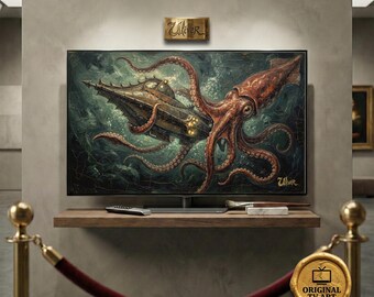 Victorian Giant Squid Oil Painting | Frame TV Art | Kraken & Submarine Nautical Decor | Dark Academia Literary Art (Fits Samsung TV Art)