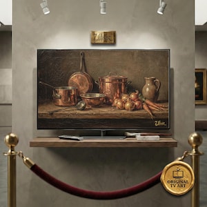 May include: A digital painting of copper cookware, onions, and carrots on a wooden surface. The artwork includes a saucepan, pot, bowl, and a ladle. The painting is displayed on a TV screen, with the artist's signature visible.