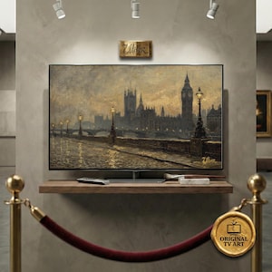 Victorian London Big Ben Fog oil painting for Samsung Frame TV featuring a Moody Dark Academia aesthetic in 8K Quality