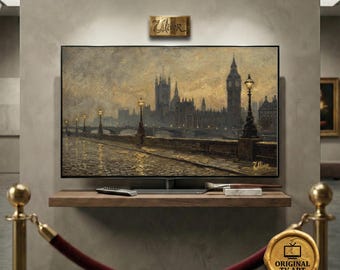 Victorian London Big Ben Fog oil painting for Samsung Frame TV featuring a Moody Dark Academia aesthetic in 8K Quality