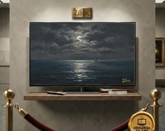 Moonlight Seascape Art | Moody Night Ocean Oil Painting | Dark Bedroom Decor | (Fits Samsung Frame)