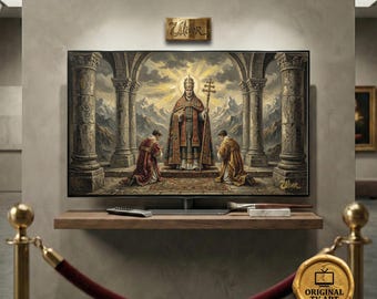 The Hierophant Tarot Arcanum V oil painting compatible with Samsung Frame TV art with a Gothic crimson and gold antique aesthetic in 8K