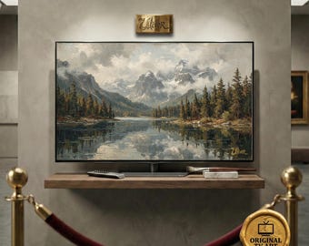 Vintage Mountain Lake Oil Painting | Frame TV Art | Lake House Decor | Moody Forest Print | (Fits Samsung Frame)