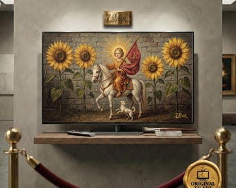 The Sun Tarot Arcanum XIX oil painting compatible with Samsung Frame TV art with a radiant gold and crimson antique aesthetic 8K resolution