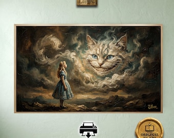Alice in Wonderland Art for Samsung Frame TV 2026 - Cheshire Cat Surreal Heavy Impasto Oil Painting and Heritage Printable PNG for Hisense