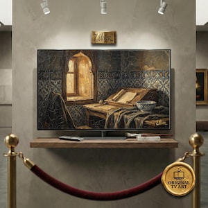 Estudio de escriba otomano antiguo, arte para televisión - Pintura al óleo 8K de la Ruta de la Seda para marco Samsung - Naturaleza muerta en un palacio melancólico, impasto digital