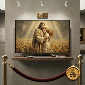 Puede incluir: Una gran pantalla de TV muestra una pintura de dos figuras abrazándose en un campo de trigo, bañadas por la luz solar. La obra de arte presenta tonos cálidos y un aspecto texturizado. El televisor está sobre una repisa de madera.