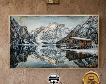 Vintage Dolomite Mountain Lake for Samsung Frame TV - Alpine Winter Oil Painting