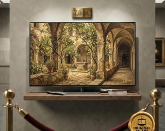 Sun Drenched Antique Italian Cloister, 8K Impasto Oil Texture, Mediterranean Secret Garden Courtyard Art fits Samsung Frame TV