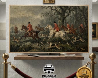 English Fox Hunt Scene Oil Painting and Printable PNG for Frame TV with Red Coat Equestrians and Heavy Impasto Misty Landscape 8K Art