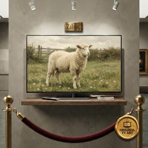 Vintage Lamb TV Art, Moody Baby Sheep Oil Painting for Samsung Frame, 8K Pastoral Nursery Decor, The Pastoral Innocence