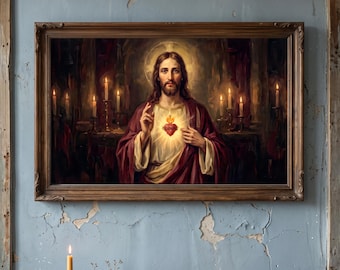 Sacred Heart Frame TV Art, Catholic Jesus Oil Painting, Candlelit Christian Decor