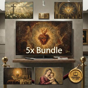 Puede incluir: Una colección de impresiones de arte religioso, que incluye una cruz en un campo de flores, un interior de iglesia con una paloma y un corazón con llamas. La imagen principal muestra un corazón con llamas y el texto "5x BUNDLE".