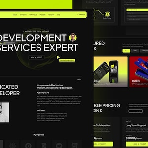 May include: A website design with a dark colour scheme and neon green highlights. The site displays the text "Development Services Expert" and a photo of a developer. Mobile app designs and pricing information are also shown.