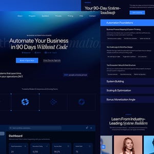 May include: A dark blue website interface with white text promoting a business automation course. The text reads "Automate Your Business in 90 Days Without Code." The site includes sections on automation foundations, system building, and scaling.