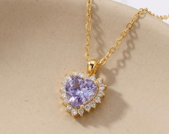 Collar con colgante de corazón dorado y piedra natal con halo de cristal, joyería minimalista, delicado colgante de corazón, regalo romántico de joyería de latón para ella.