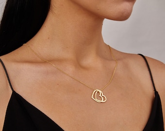 Collar de oro con doble corazón y nombre, joyería personalizada, colgante con nombre grabado, joyería con fecha impresa, collar de corazón para pareja, regalos de Navidad