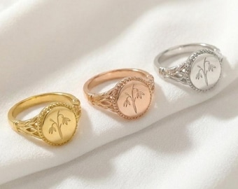 Anillo con sello de flor de nacimiento, plata de ley con diseño floral personalizado, joyería minimalista ajustable, regalo ideal para el Día de la Madre y damas de honor.