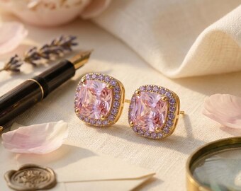 Pendientes de botón con halo de circonitas rosas, delicados pendientes de oro con piedras preciosas, regalo de joyería femenina para ella.