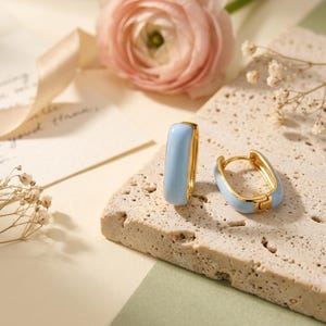Rectangular Hoop Earrings, Blue Enamel Earrings, Gold Geometric Hoops, Minimalist Jewelry